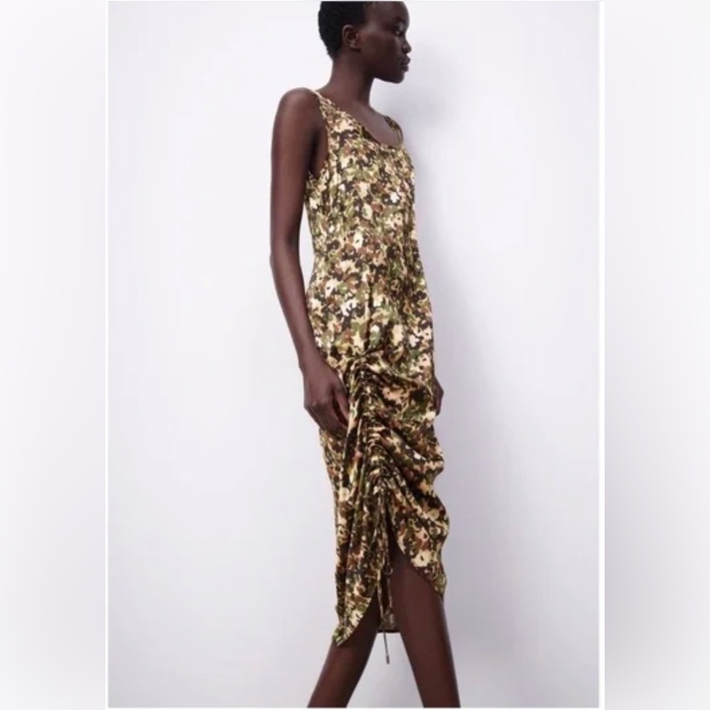 ZARA Silky Satin Effect Camouflage Print Slip Midi Draped Ruched Dress Sz XS NWT
